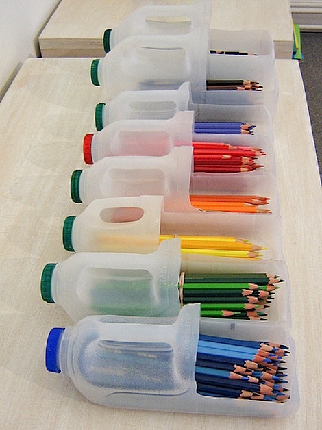 make a storage container using old milk container for your colouring pencils