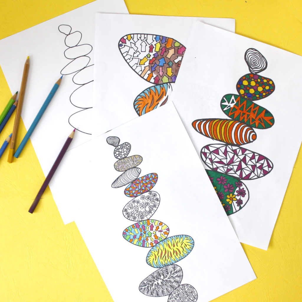 A bundle of 4 colouring pages balancing stones nature theme 